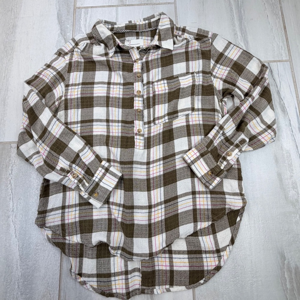 Anthropologie Plaid Button Back Tunic Shirt Olive Green Pink Petite Medium MP